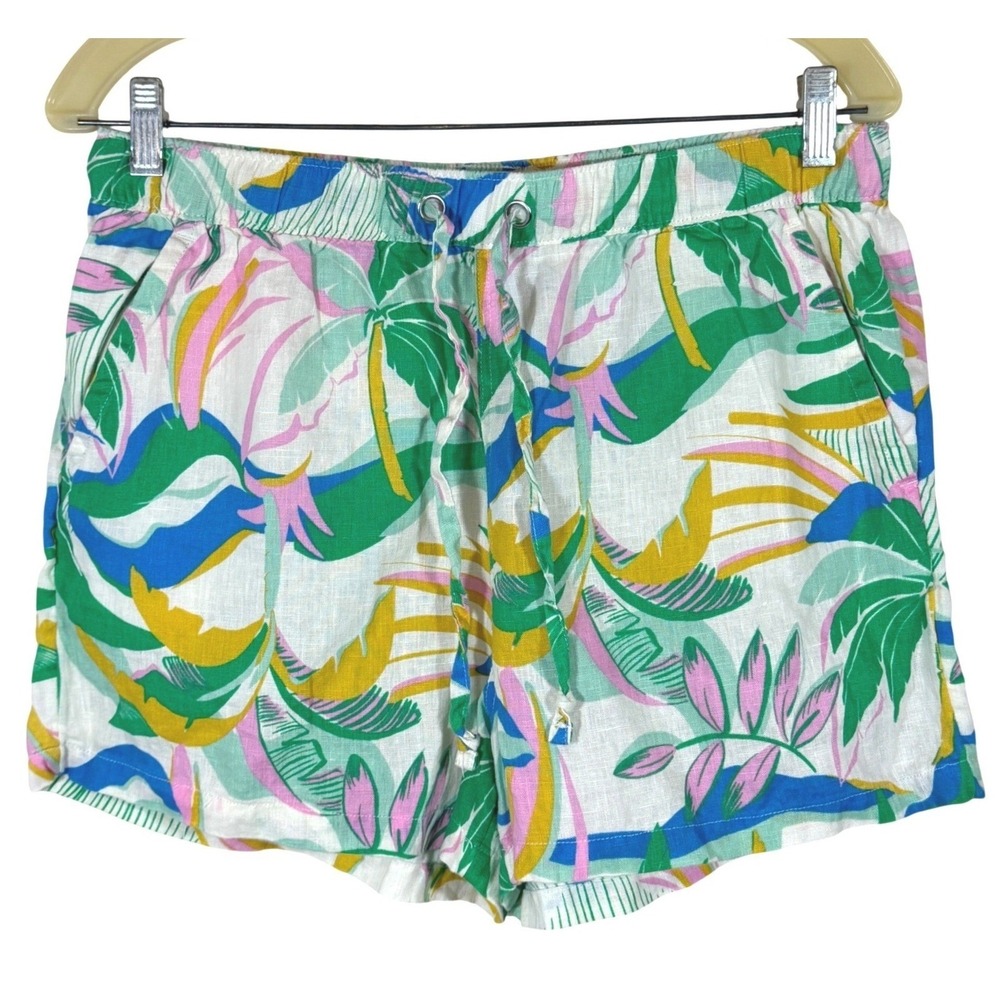 100% Linen Tropical Shorts Women Medium Drawstring  Palm Resort Vacation Beach